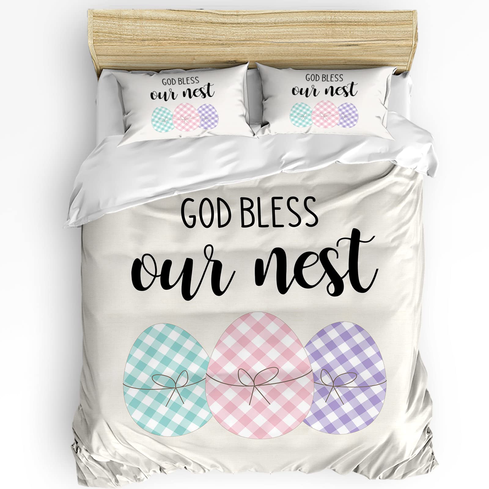3-Piece Easter Plaid Duvet Cover Set Queen Size - Colorful Eggs & 