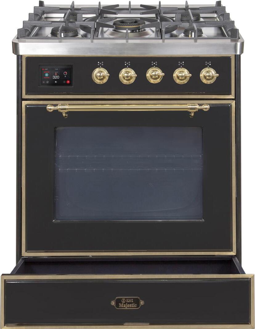 ILVE 30 Inch Majestic II Dual Fuel Range with 5 Burners & Brass Trim - Glossy Black UM30DNE3BKG - Professional Gas Stove & Electric Oven for Home Kitchen & Restaurant Cooking