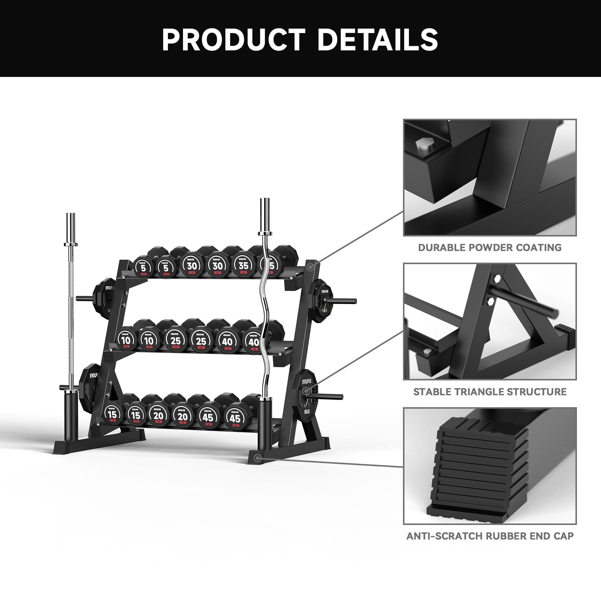 EVOLPOW 3-Tier Dumbbell Rack Stand - Heavy Duty Weight Storage Organizer for 5-75LB Dumbbells, Kettlebells & Weight Plates - Space Saving Home Gym Equipment for Strength Training & Workout Organization