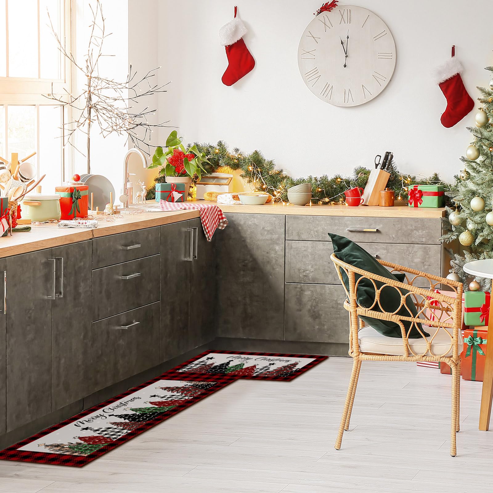 Non-Slip Buffalo Plaid Christmas Kitchen Rugs Set of 2 - 17