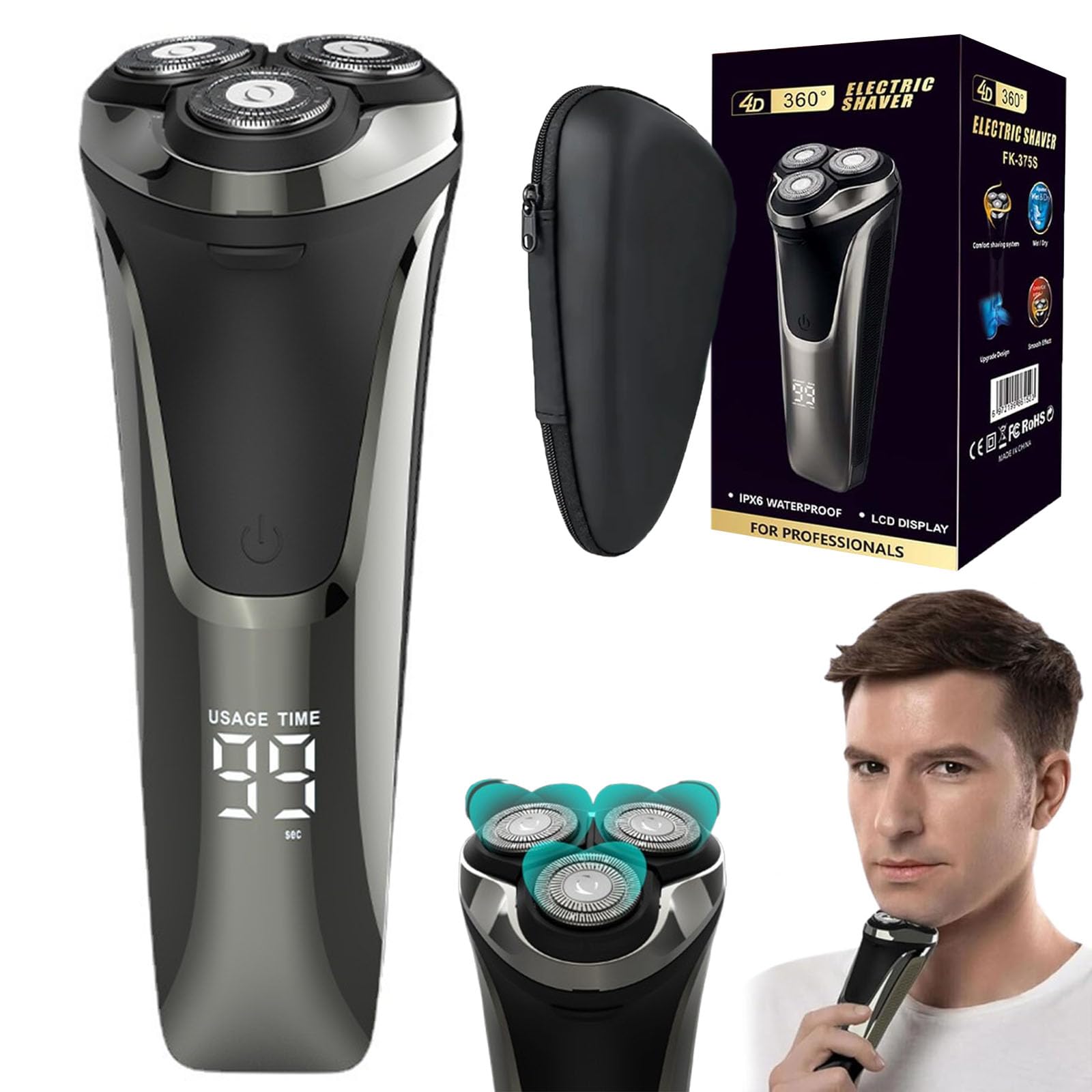 Snabbuy Pro 4D Floating Head Rotary Electric Razor for Men - IPX7 Waterproof Wet & Dry Rechargeable Shaver with LCD Display (Black) | Perfect for Travel, Gym & Daily Shaving