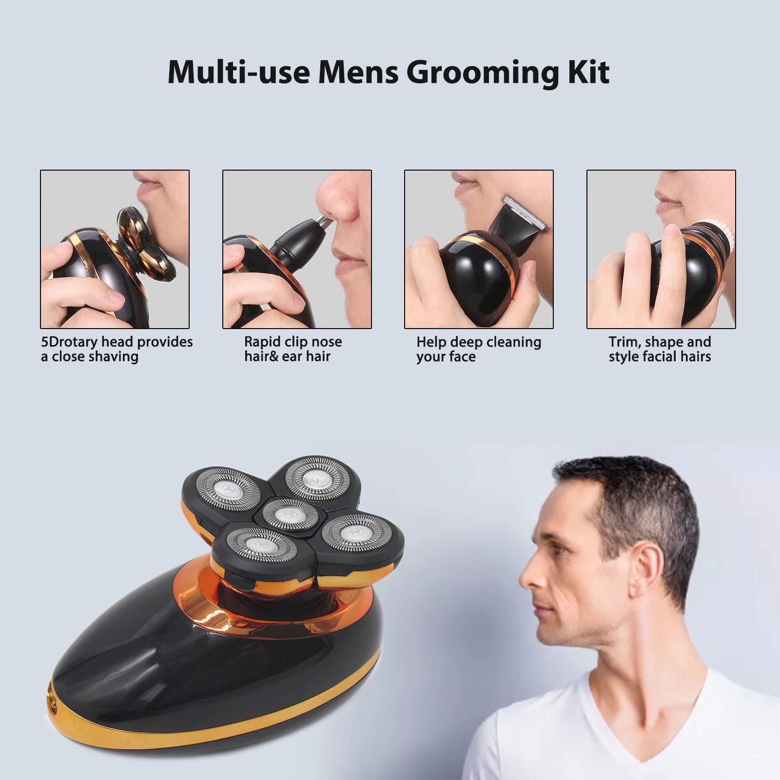 5-in-1 LED Electric Head Shaver for Bald Men - Cordless Wet/Dry USB Rechargeable Razor with Nose Hair Trimmer, IPX5 Waterproof - Perfect for Travel, Gym & Daily Grooming