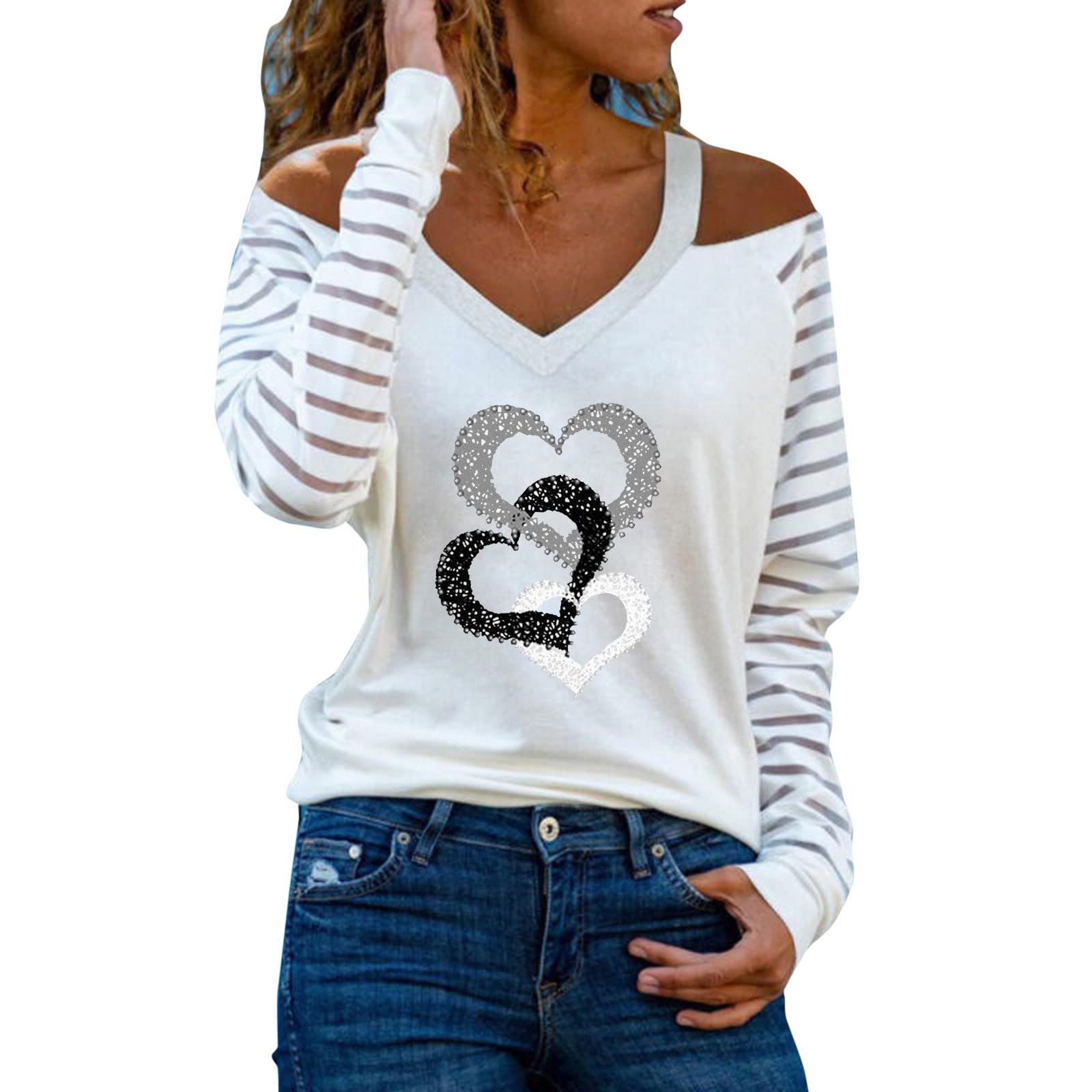 Valentine's Day Off Shoulder T-Shirt for Women - Mesh Striped Long Sleeve Love Heart Print Graphic Tee - Perfect for Date Night, Anniversary Gifts & Romantic Occasions