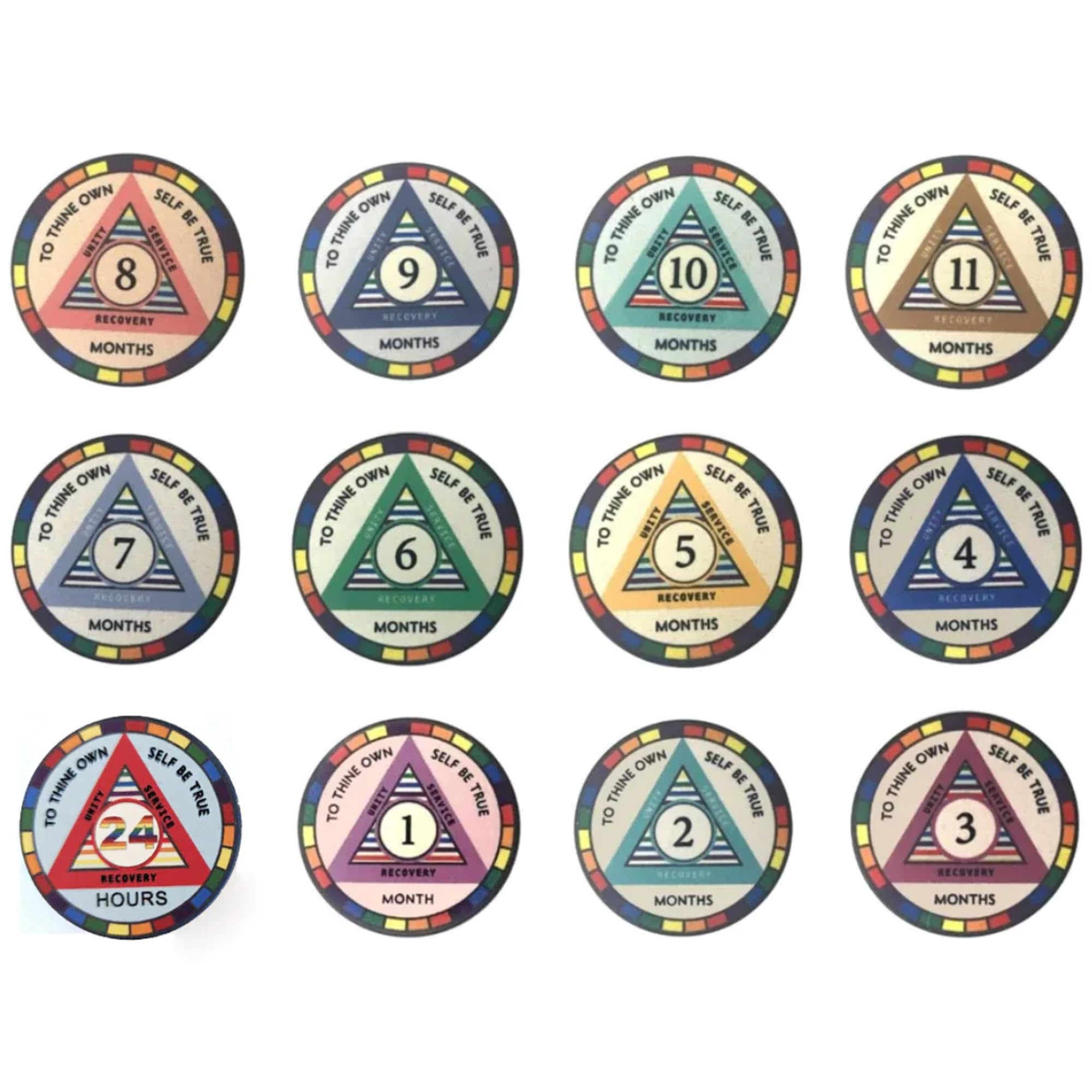 12-Pack AA Monthly Sobriety Chips - Rainbow Colored 1-11 Months & 24hr Newcomer Chips for Alcoholics Anonymous Meetings & Recovery Milestones - Perfect for Celebrating Sobriety Anniversaries & Supporting Addiction Recovery Journeys