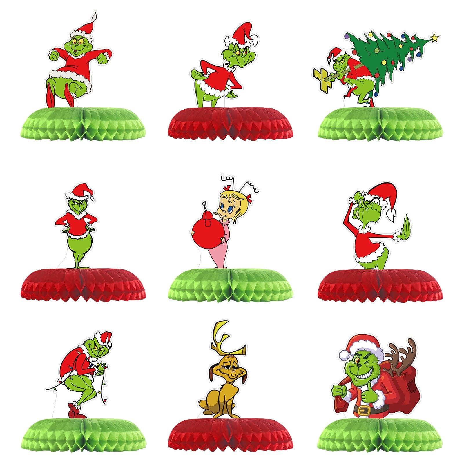 9-Piece Grinch Christmas Decorations Set - Honeycomb Tabletop Centerpieces for Holiday Parties, Home Decor & Themed Birthday Favors | Perfect for Christmas Tree Decor, Gift Exchanges & Festive Gatherings