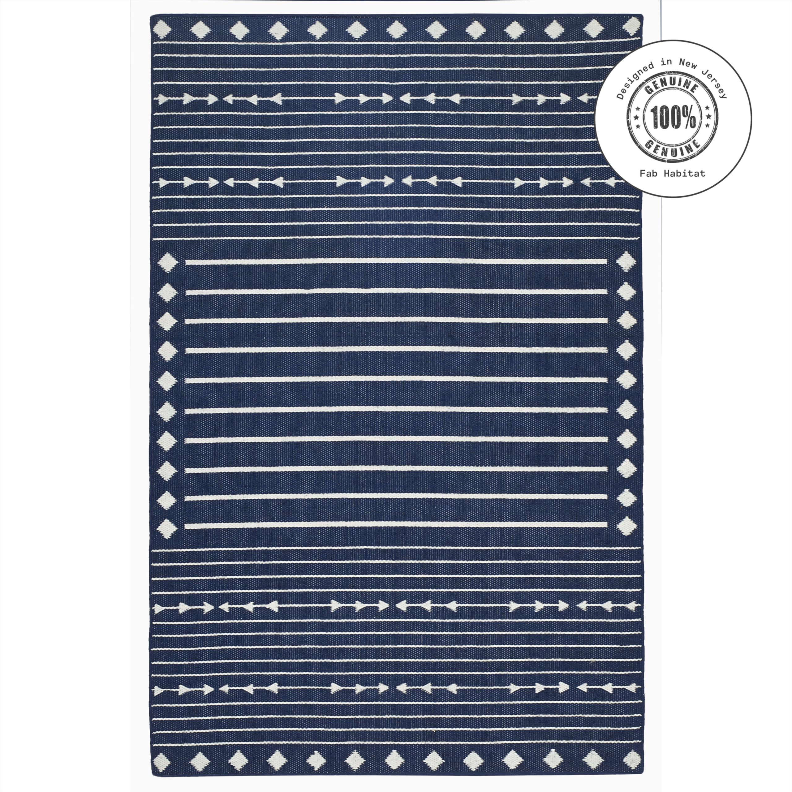 Fab Habitat Machine Washable Area Rug - Hand Woven, Stain & Pet Friendly, Reversible - Premium Recycled Polyester Yarn - Aztec Kilim Design - Navy/White - 4x6 ft - Perfect for Bedroom & Living Room Decor - Durable Floor Covering for High Traffic Areas