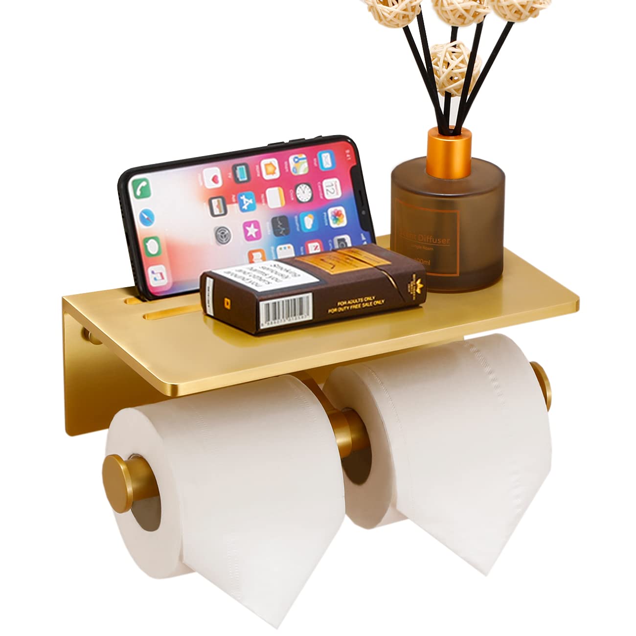 Smart Home Double Toilet Paper Holder with Shelf - Wall Mounted Commercial Toilet Paper Roll Dispenser with Phone Storage - Brushed Gold Aluminum for Mega Rolls - Perfect for Bathroom, Restroom & Office Use