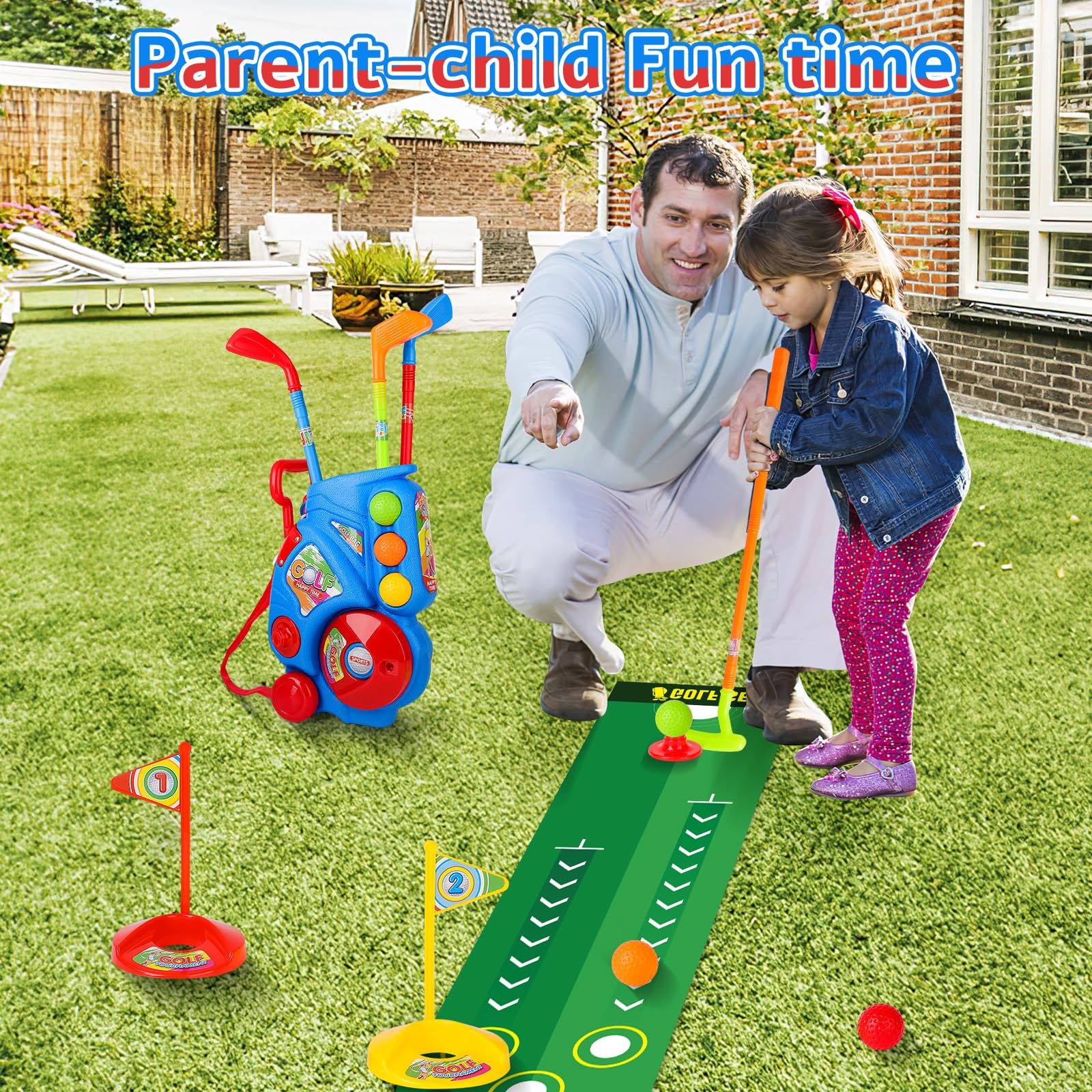 **deAO Kids Golf Set with Suitcase - Outdoor & Indoor Sports Toy for Boys & Girls Ages 3-5 - Blue Golf Clubs & Garden Game for Backyard & Playroom Fun**