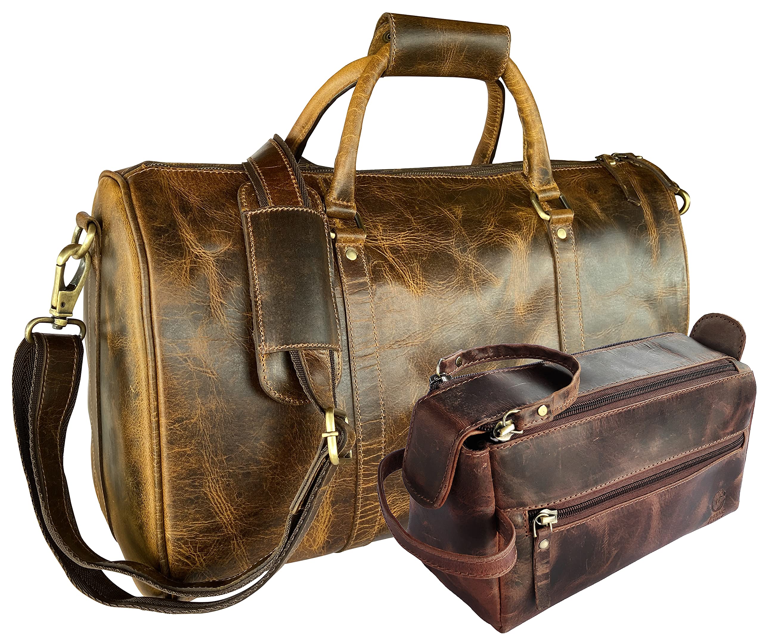 Premium Leather Duffel Bag & Toiletry Bag Set - Durable Men's Travel Accessories for Business Trips & Weekend Getaways - Perfect Gift for Him