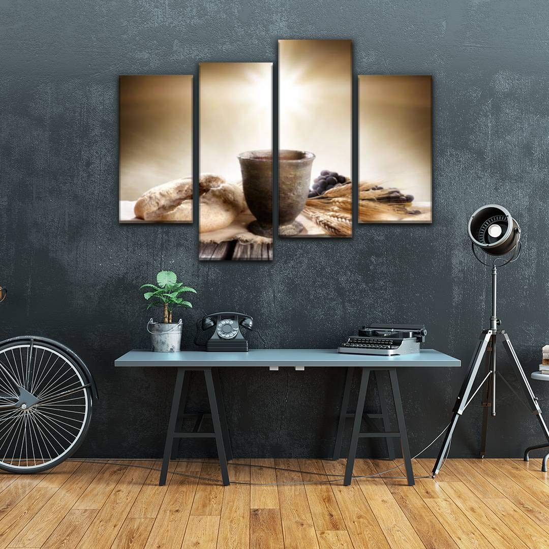 4 Panels Canvas Wall Art - Communion Unleavened Bread & Wine Chalice Religious Paintings - Modern Framed Posters Ready to Hang for Home, Church & Office Decor - Perfect for Christian Gift, Easter Celebration & Spiritual Spaces