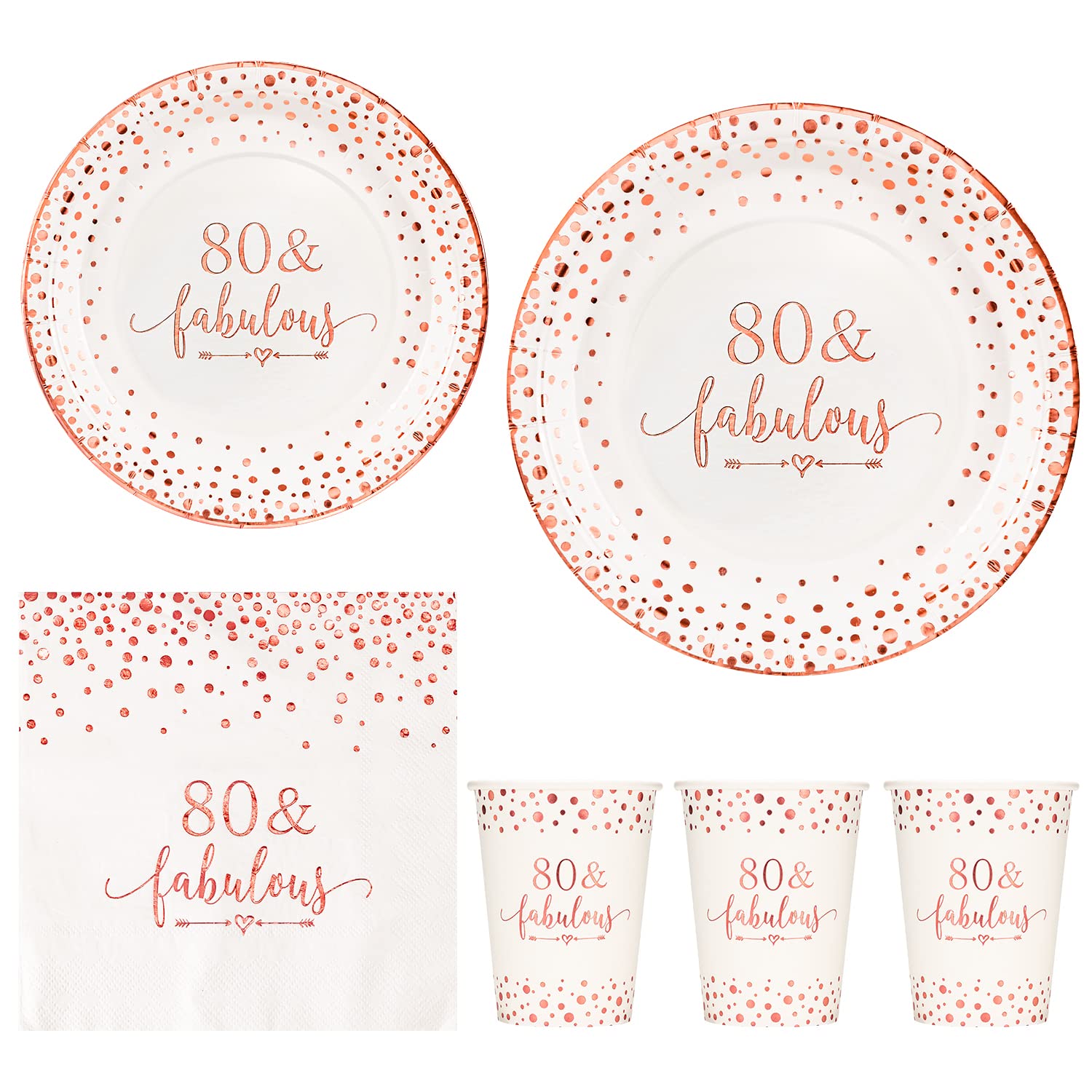 Elegant Rose Gold Foil 80th Birthday Party Supplies Set - 24-Piece Disposable Tableware (9