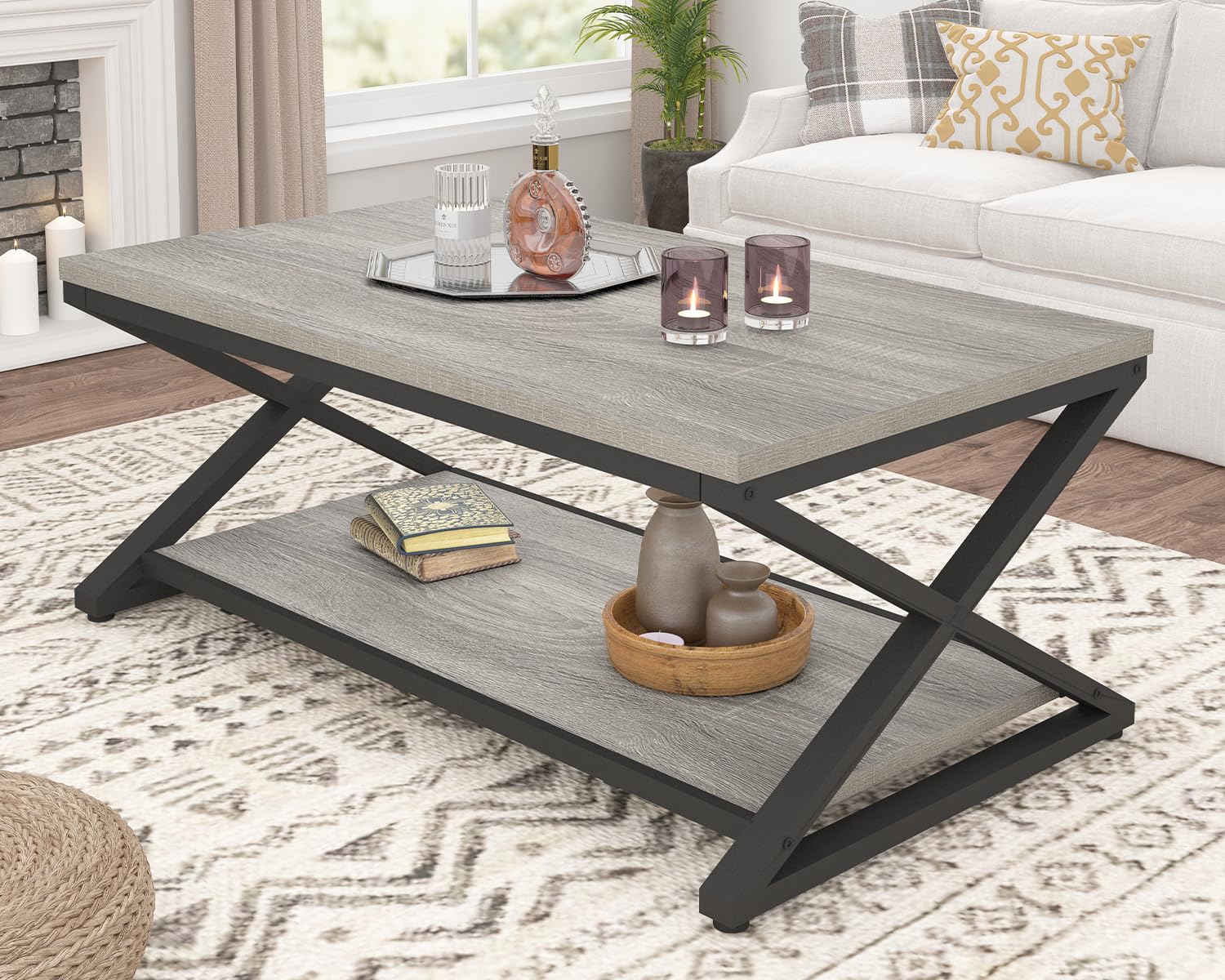 HSH Rustic Grey Coffee Table - Modern Minimalist 2-Tier Living Room Table with Storage Shelf, Industrial Style Metal & Wood Center Table for Home, Office, Bedroom - 39 Inch Rectangle Cocktail Tea Table - Perfect for Small Spaces, Entertaining Guests, and Stylish Home Decor