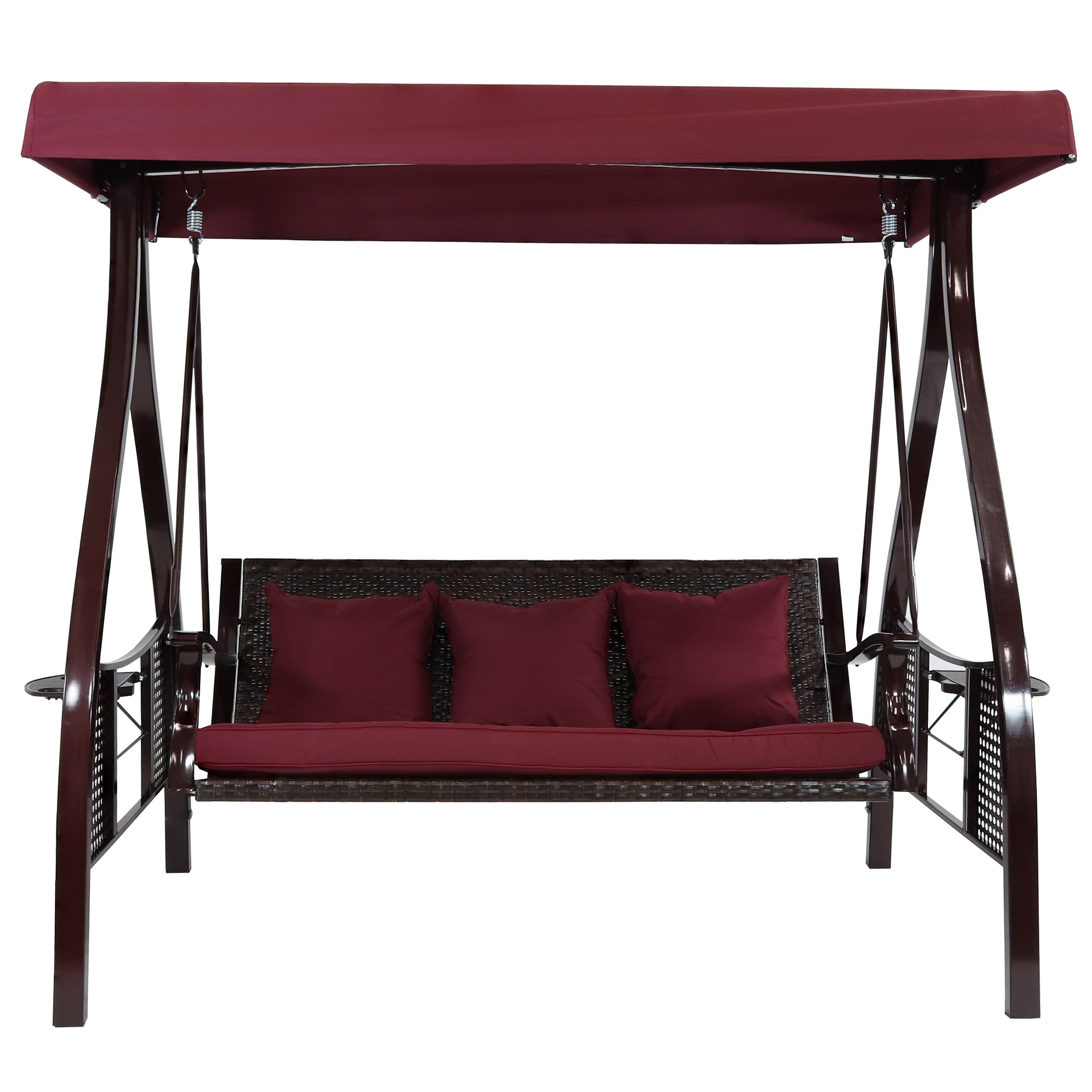 Sunnydaze 3-Person Steel Outdoor Patio Swing with Side Tables & Canopy - Merlot Red for Garden, Backyard, Porch Relaxation