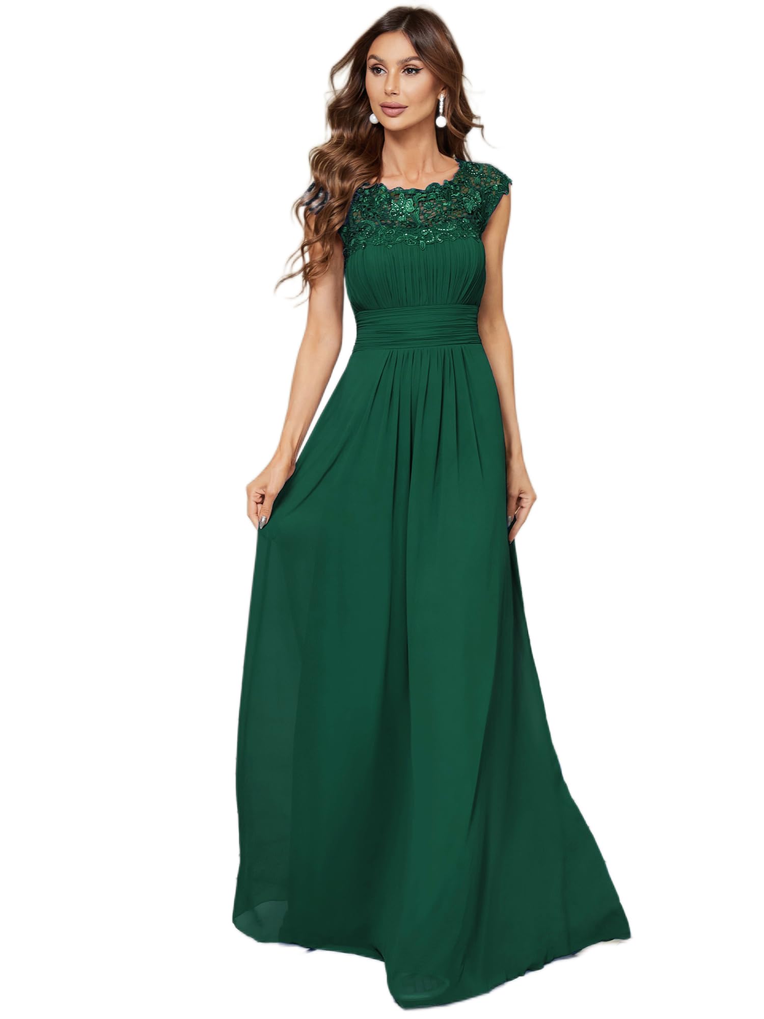 Ever-Pretty Women's Elegant Cap Sleeve Ruched Lace Chiffon Evening Gown - Formal Party Dress for Prom, Wedding, Cocktail & Special Occasions