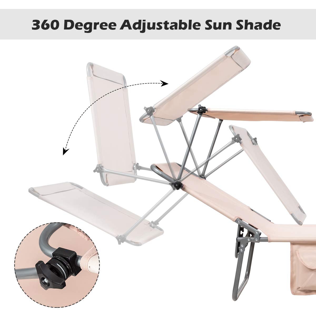 Giantex Adjustable Tanning Chair with Canopy & Storage - 5-Position Reclining Patio Chaise Lounge - Portable Folding Beach Chair for Poolside, Lawn, Camping & Outdoor Sunbathing (Beige, 2-Pack) - Perfect for Backyard Relaxation, Beach Vacations & Summer Lounging