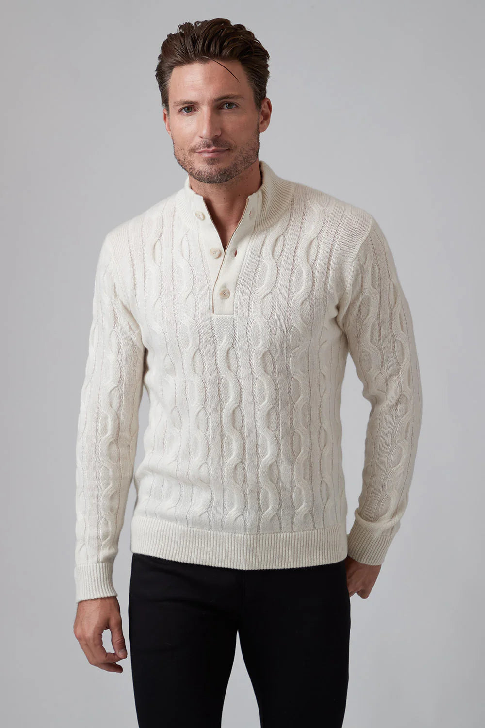 Luxury Cashmere Button Mock Neck Cable Knit Sweater for Women - Soft & Warm Winter Pullover - Perfect for Office, Date Night & Holiday Outfits