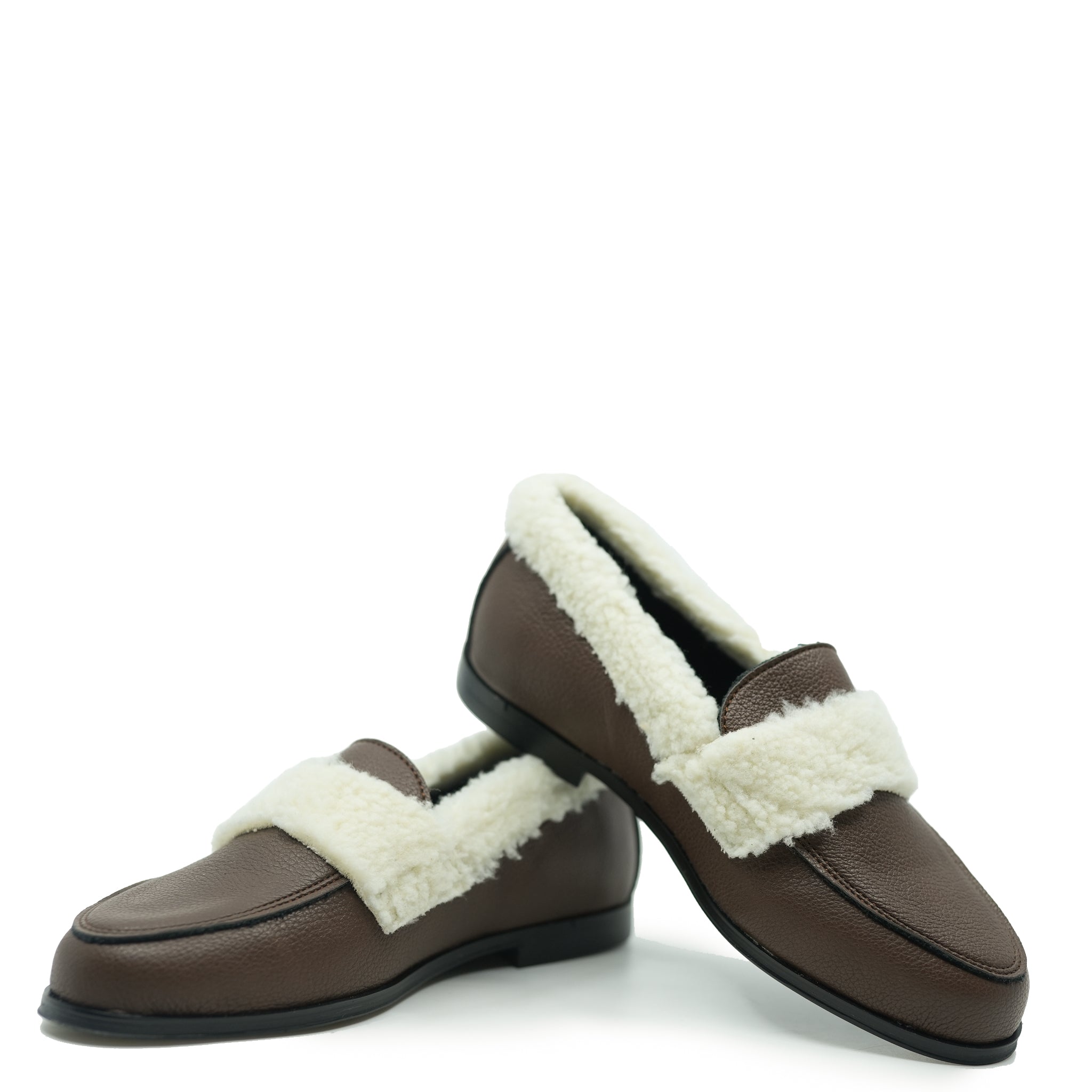 Blublonc Brown and Ivory Shearling Loafer Shoes for Women - Comfortable Slip-On Loafers with Soft Shearling Lining - Perfect for Casual Wear, Office, and Winter Outfits