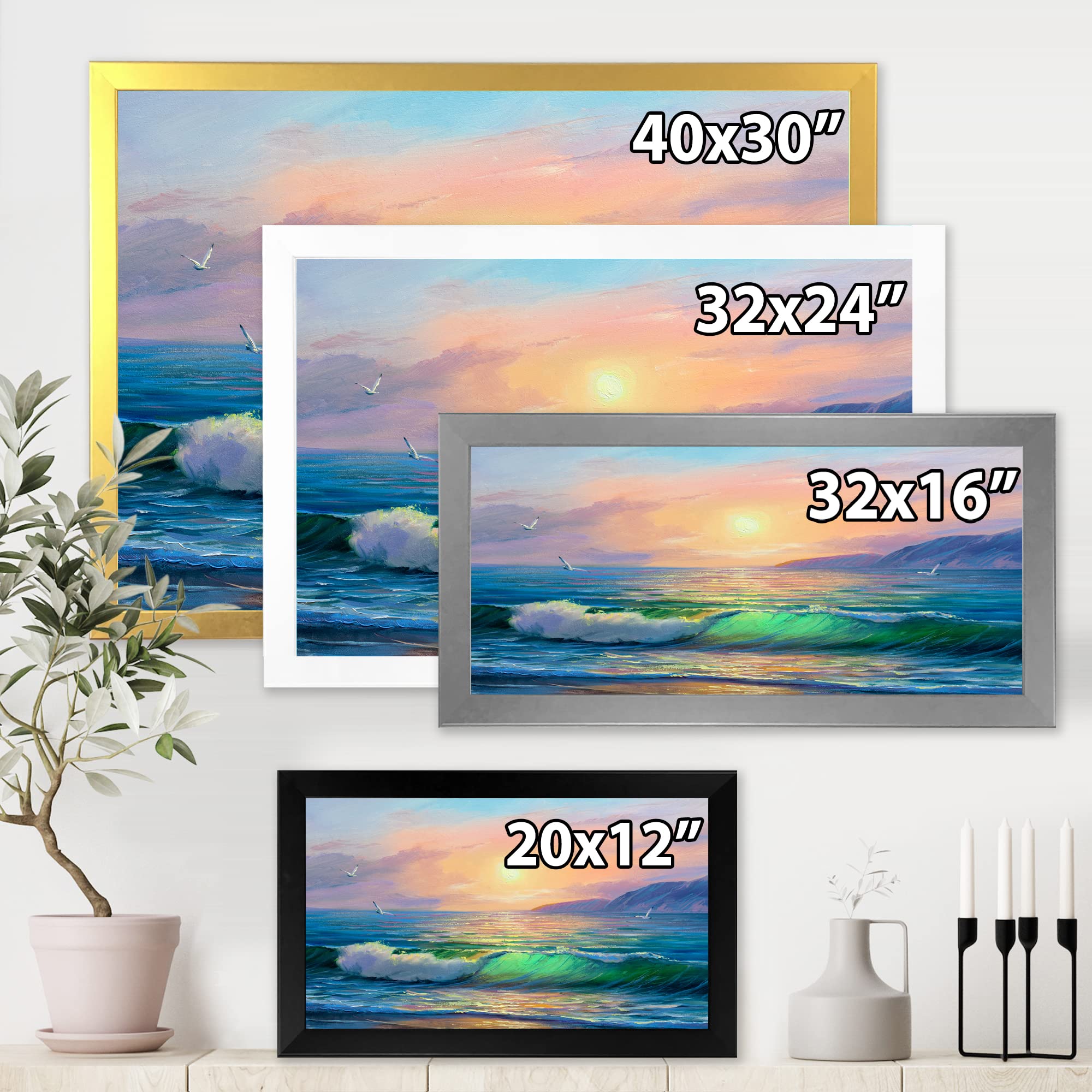 Blue Waves Breaking at the Beach - Coastal Framed Wall Art for Living Room, Bedroom & Office Decor | Nautical Theme Ocean Painting