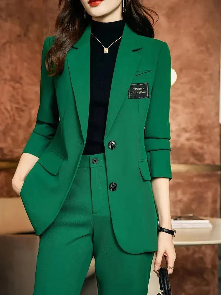 Elegant Women's Pant Suit with Embroidered Chest Badge - Professional Office Wear & Formal Business Attire for Women