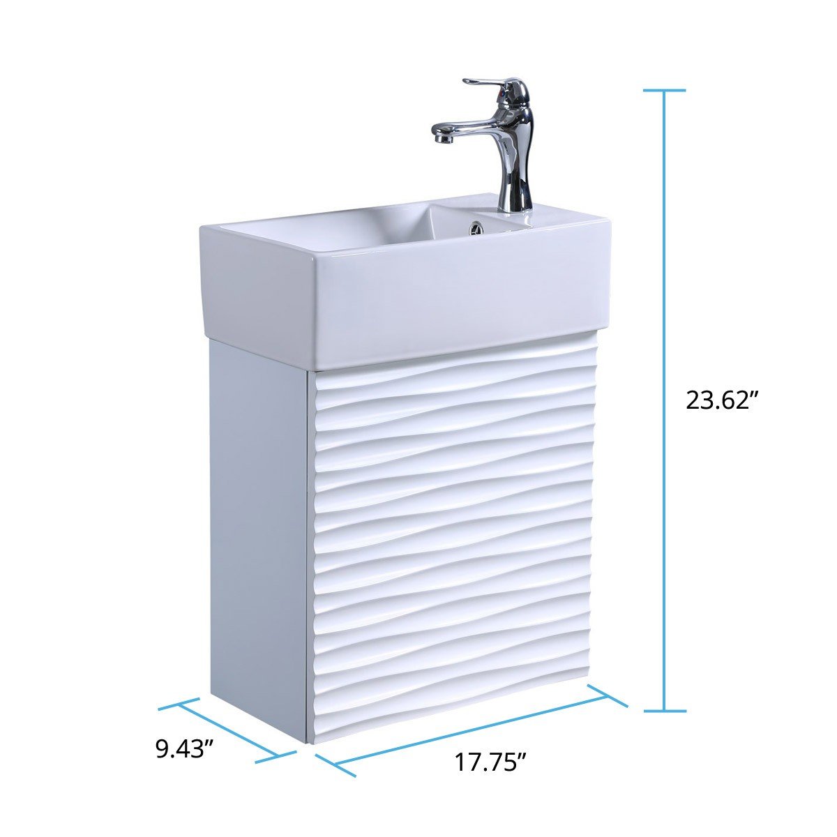 Renovators Supply Ripple Wall Mount Vanity Bathroom Sink Combo - Heavy Duty Porcelain White Vanity Cabinet with Sink, Chrome Faucet, Pop-Up Drain & Overflow - Perfect for Small Bathrooms, Powder Rooms & Space-Saving Designs