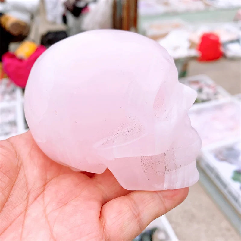 Natural Pink Calcite Skull Carving - Handcrafted Crystal Healing Stone for Feng Shui, Meditation & Home Decor (1PC) - Perfect for Spiritual Healing, Energy Balancing & Office Desk Display
