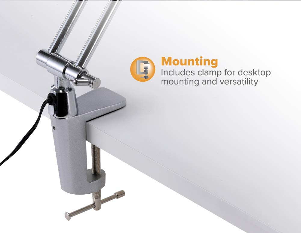 VLED530 7W Natural Daylight LED Bar Lamp - 535 Lumens, Adjustable Boom Arm & Desk Clamp Mount (Satin/Chrome/Silver) - Perfect for Office, Study, Workshop & Crafting Tasks