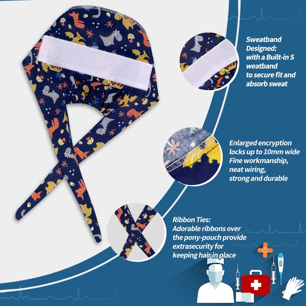 4PCS Medical Head Caps - Adjustable Bouffant Hats with Printed Sweatband for Nurses, Doctors & Healthcare Workers | Comfortable & Breathable for Hospital, Clinic & Laboratory Use