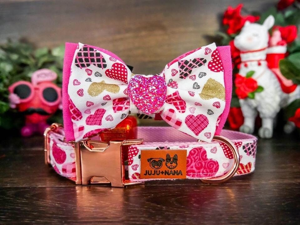 Valentine's Day Dog Collar with Bow Tie & Cookie Hearts - Cute Pet Accessories for Valentine's Gifts, Puppy Fashion & Photo Shoots