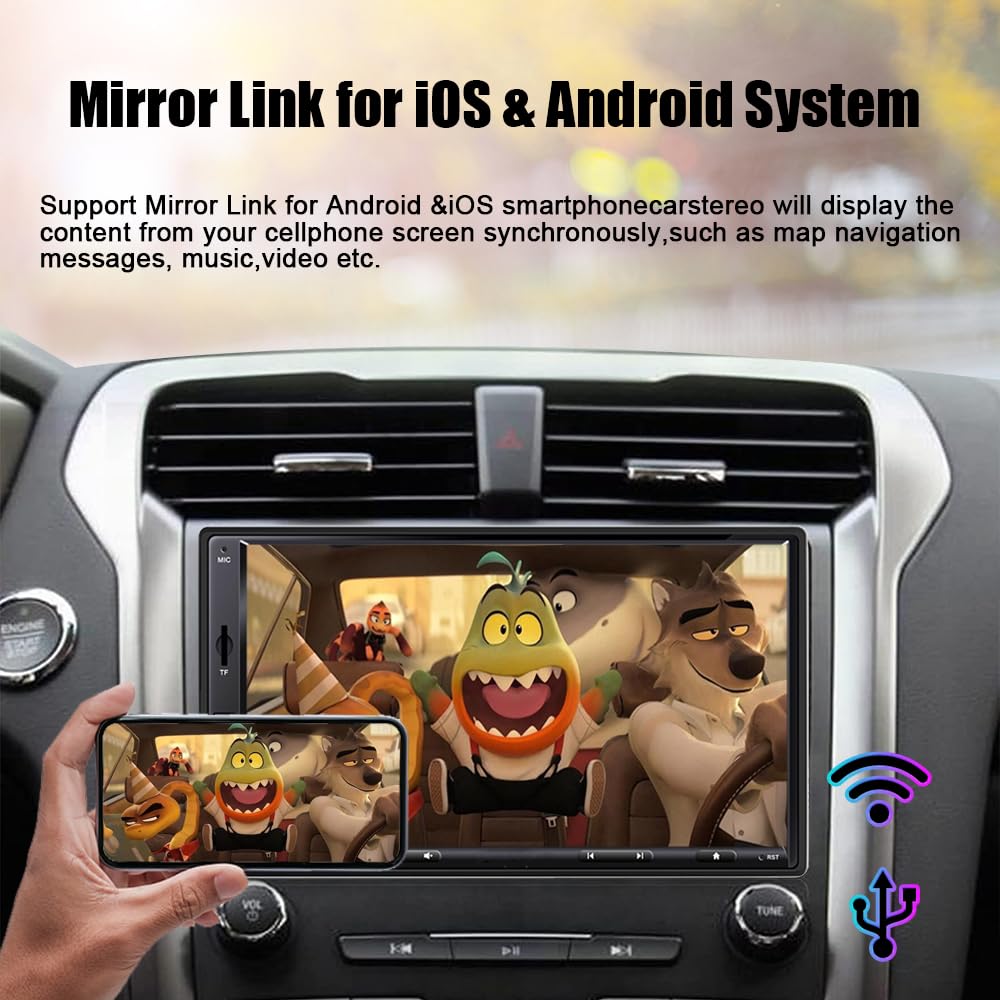 Upgrade Zeminba 7-inch Double Din Car Stereo with Wireless CarPlay & Android Auto, Bluetooth 5.2, Touchscreen, Rearview Camera, AM/FM, Mirror Link, USB/AUX/SWC/TF/DSP – Perfect for Seamless Hands-Free Calling, Music Streaming & Safe Parking in Trucks, SUVs & Sedans
