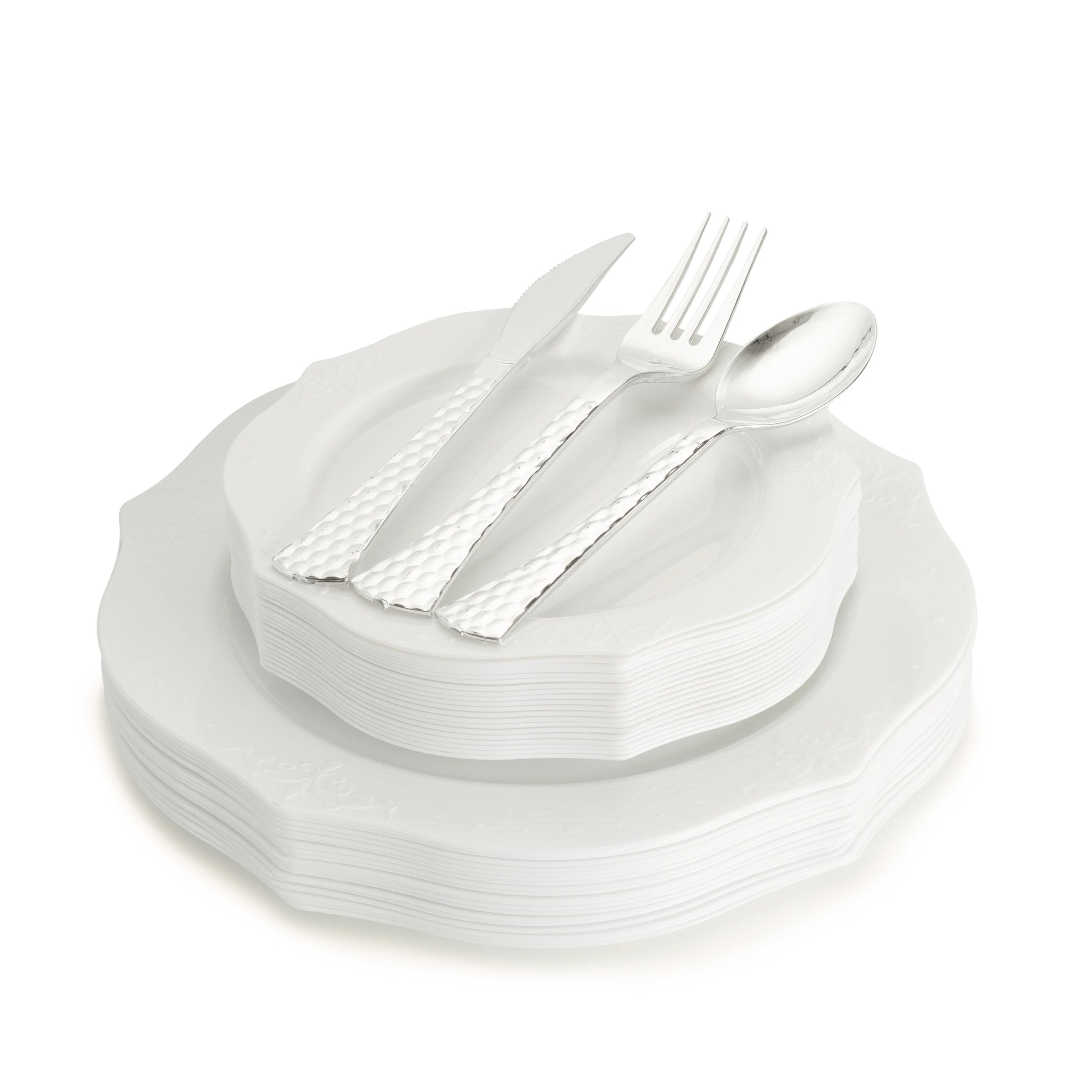 100-Piece White Round Plastic Dinnerware & Silverware Set - 20 Servings - Elegant Antique Design - Perfect for Parties, Picnics, and Outdoor Events