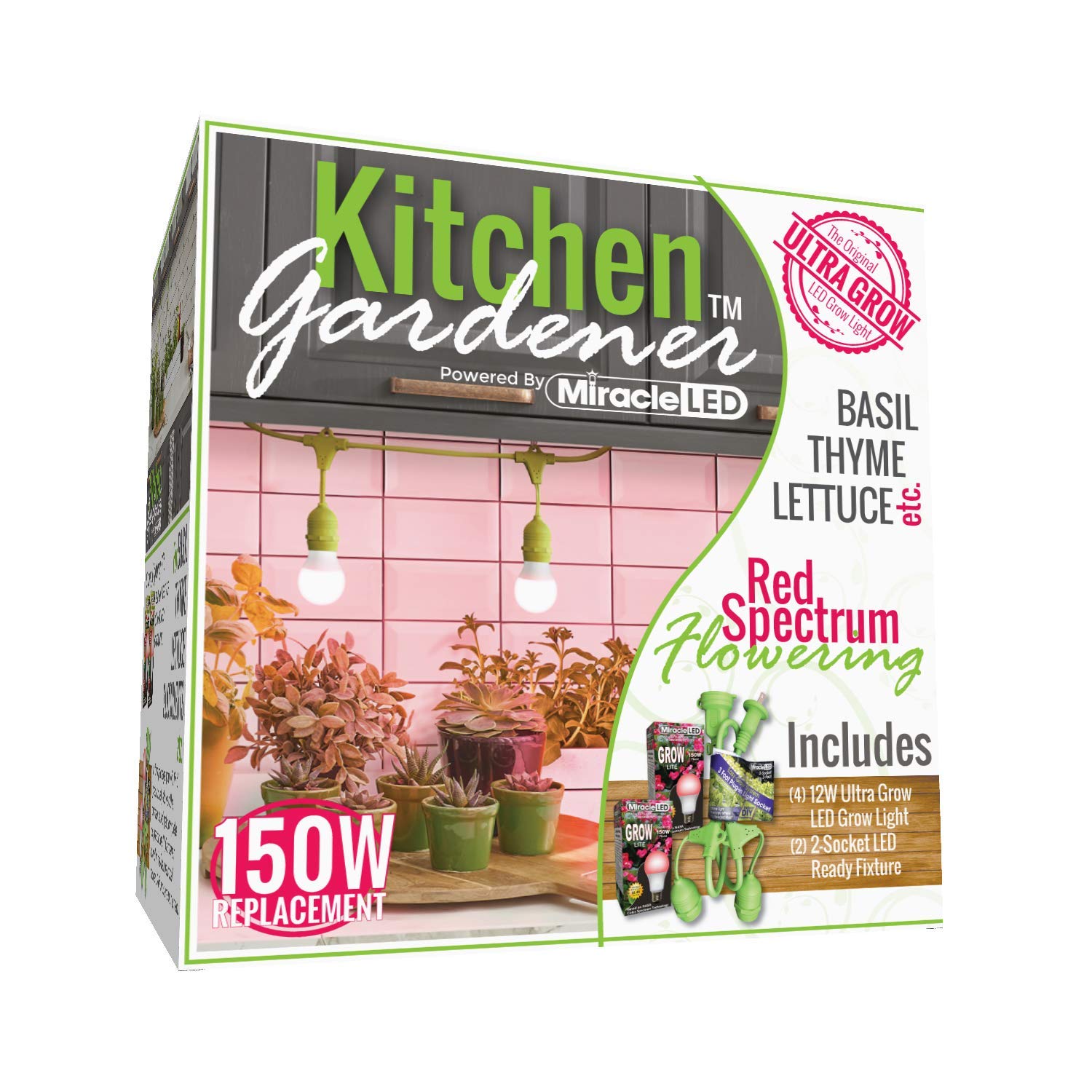 Miracle LED Kitchen Gardener 2-Socket LED Grow Light Bulb Kit with Red Spectrum for Indoor Plants - Ultra Bright Grow Bulbs Replace 150W (2-Pack: 2 Fixtures & 4 Bulbs) - Perfect for Hydroponics, Herb Gardens & Seed Starting (601874)