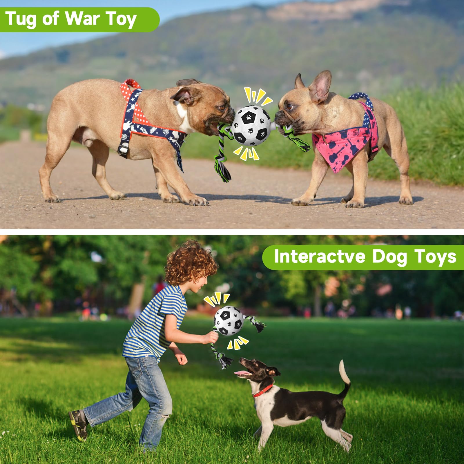 QDAN Durable Dog Rope Toy - Interactive Tug of War Soccer Ball with Handle Strap - Plush Chew Toy for Small & Medium Dogs - Perfect for Outdoor Play, Training & Birthday Gifts (Black, Medium Size)