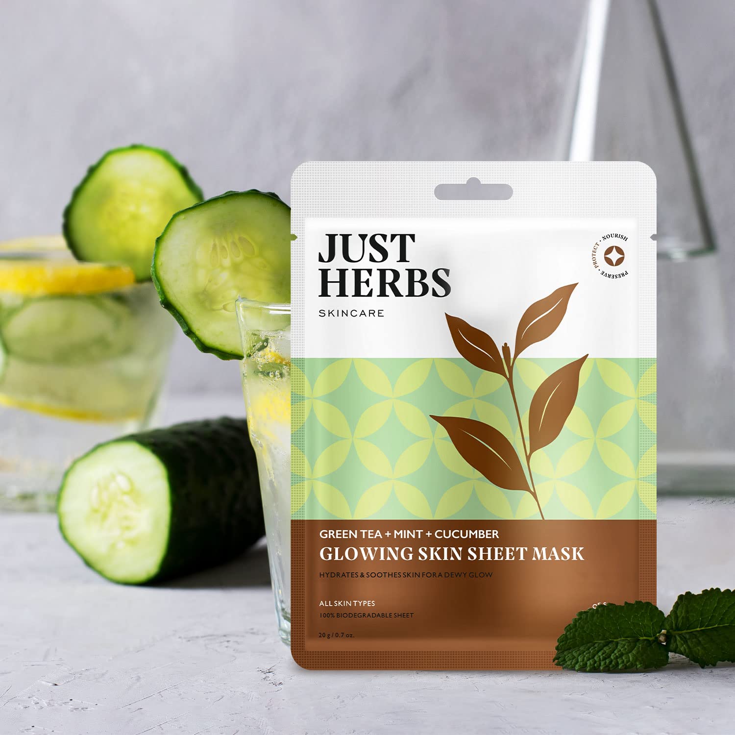 Just Herbs Sheet Mask for Glowing Skin - Green Tea, Mint & Cucumber Facial Serum Masks (20g) | Hydrating & Brightening Face Mask for Spa Day & Self-Care Routine