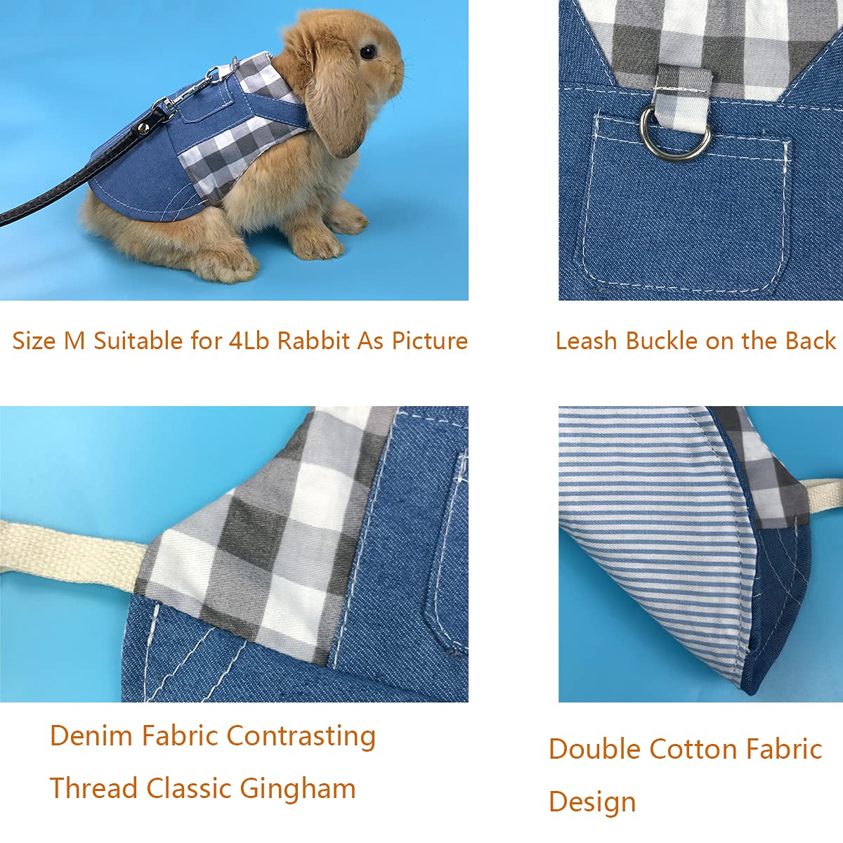 Vehomy Small Animal Harness and Leash Set - Adjustable Rabbit Harness, Guinea Pig Leash & Bunny Plaid Outfit for Chihuahua, Kitten & Other Pets - Perfect for Outdoor Walks, Pet Photos & Costume Parties (Blue Denim & Black/White Plaid)