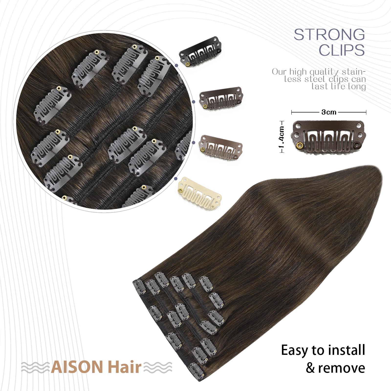 Aison 20 Inch Medium Brown Clip-in Hair Extensions - 100% Remy Human Hair, 70g, 7pcs with 16 Clips - Soft Silky Straight for Natural Look | Perfect for Daily Wear, Parties, Weddings & Special Occasions