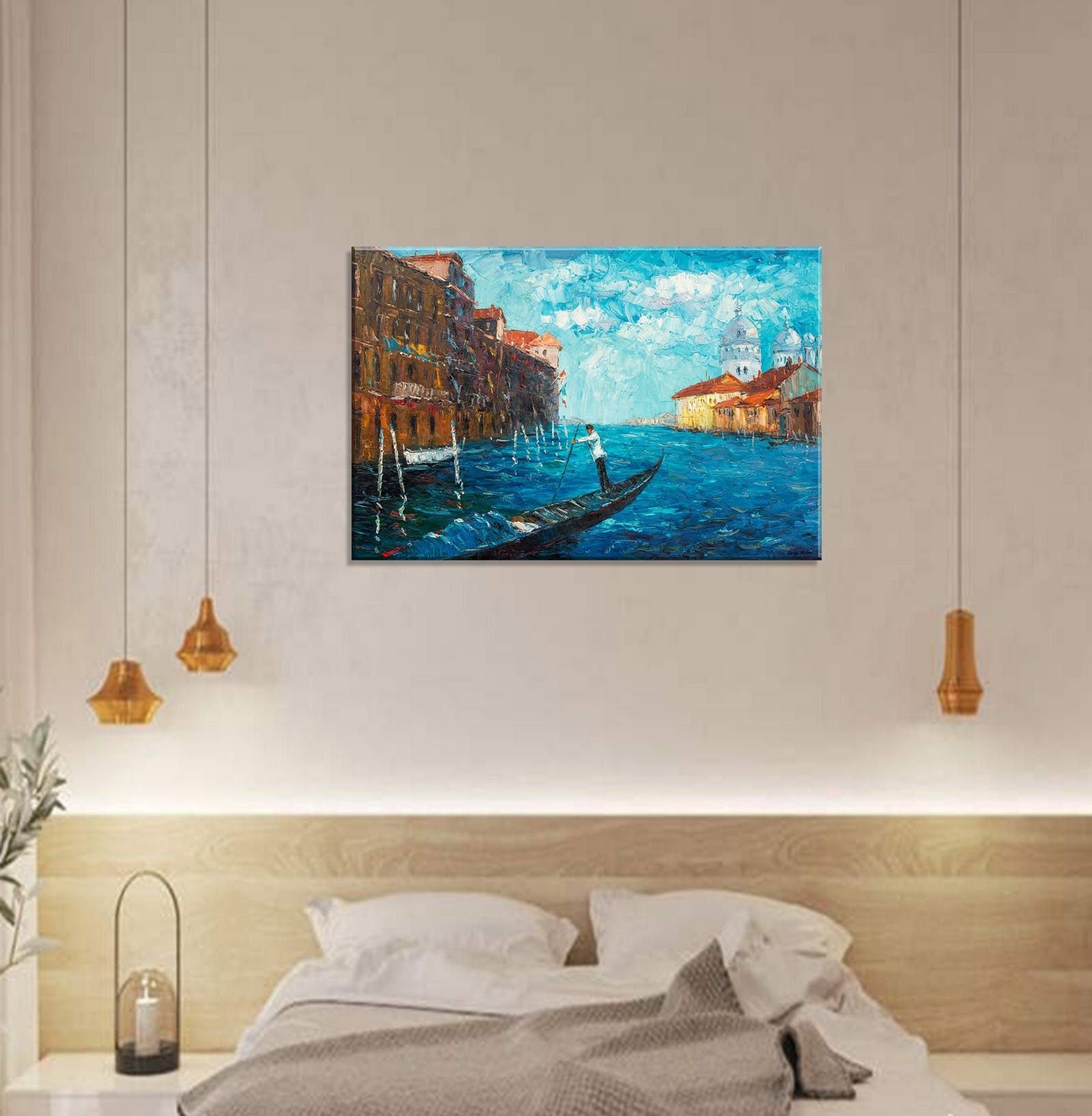 Original Oil Painting Venice Grand Canal Gondola At Dawn | Handmade Canvas Wall Art | Italian Landscape Decor for Living Room, Bedroom & Office