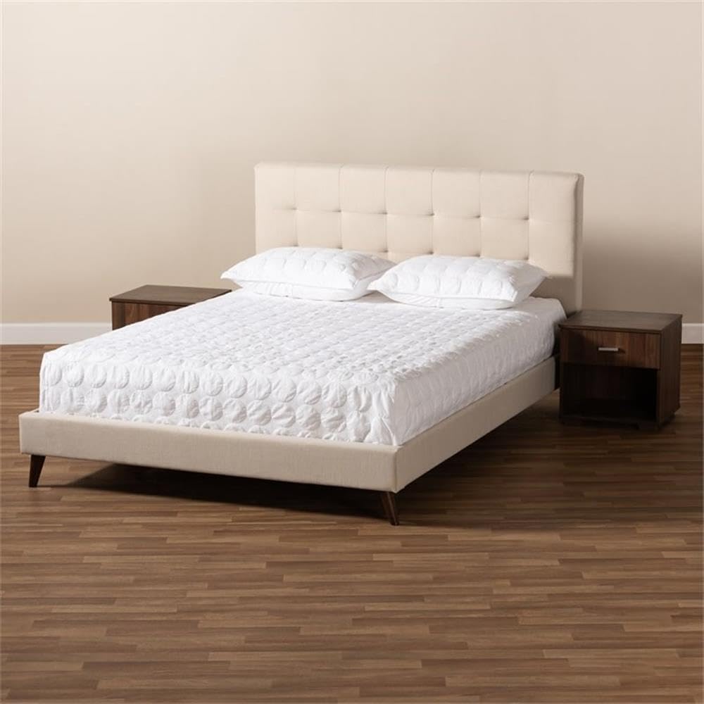 BOWERY HILL Queen Size Beige Platform Bed Frame with 2 Nightstands - Modern Minimalist Bedroom Furniture Set for Small Spaces & Guest Rooms