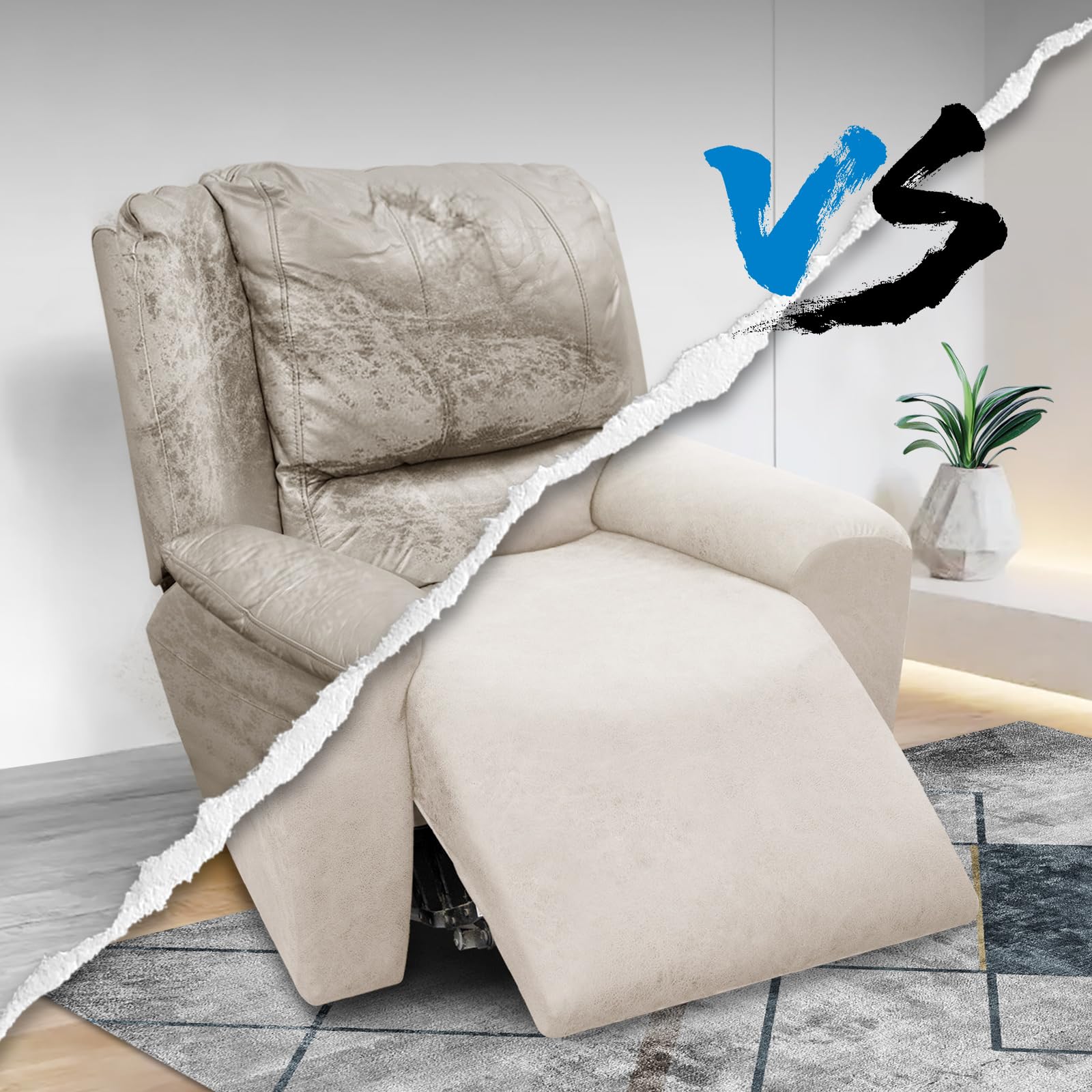 Recliner Chair Covers 4-Piece Set - Leather Look Slipcovers with Pockets for Living Room