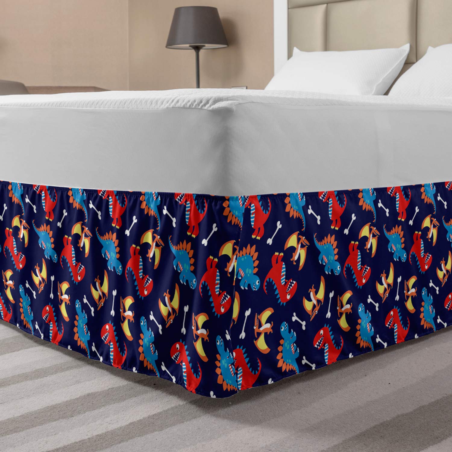 Ambesonne Dinosaur Elastic Bed Skirt - Queen Size Navy Blue, 3D Cartoon Dinosaur Print with Funny Expressions & Bones Design, Wrap Around Fabric Dust Ruffle for Bedroom Decor - Perfect for Kids Room, Dinosaur Themed Nursery or Fun Bedroom Makeover