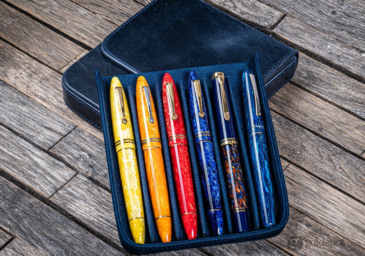 Galen Leather Magnum Opus Six Pen Hard Case with Removable Tray - Premium Crazy Horse Navy Blue Leather Pen Holder for Fountain Pens, Ballpoints & Rollerballs - Perfect for Travel, Office & Gift Giving