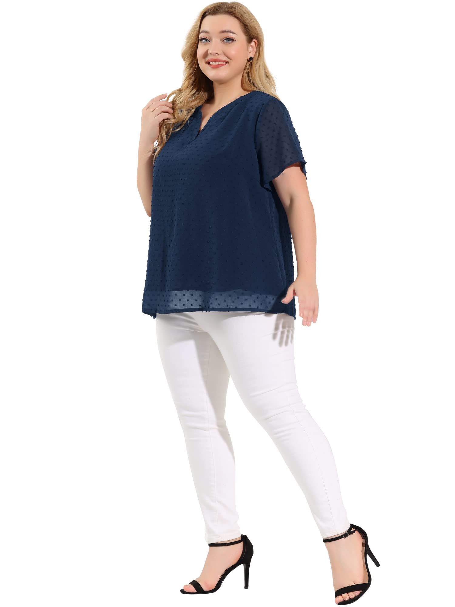 Agnes Orinda Plus Size Women's Summer Tops - Swiss Dot Print Notched Neck Short Sleeve Blouse | Casual Office Wear & Vacation Outfit