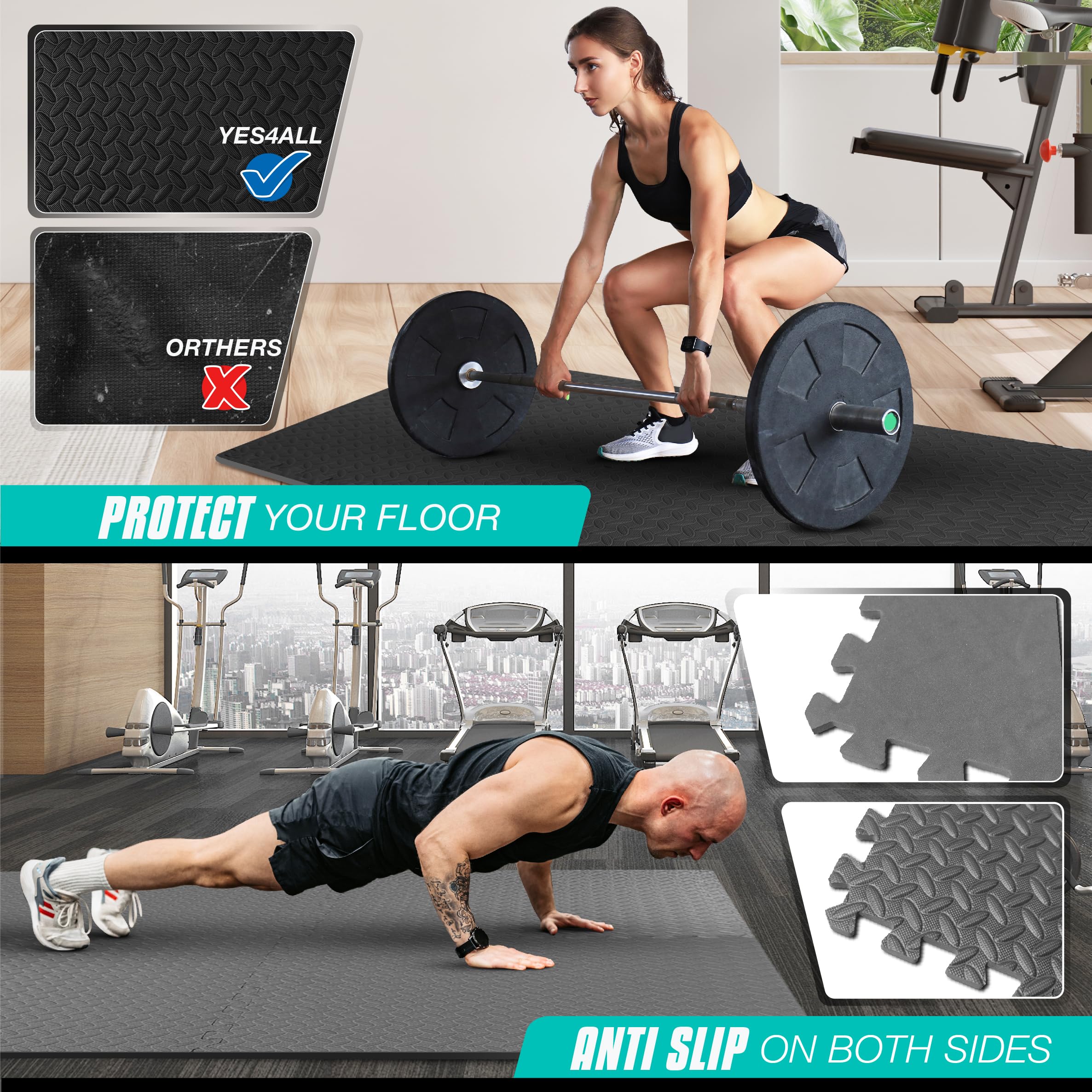 Yes4All 24-120 SQFT Interlocking EVA Foam Floor Tiles for Home Gym - Non-Slip Puzzle Exercise Mat with Border for Workout Equipment, Yoga, Kids Play Area & Home Fitness Studio