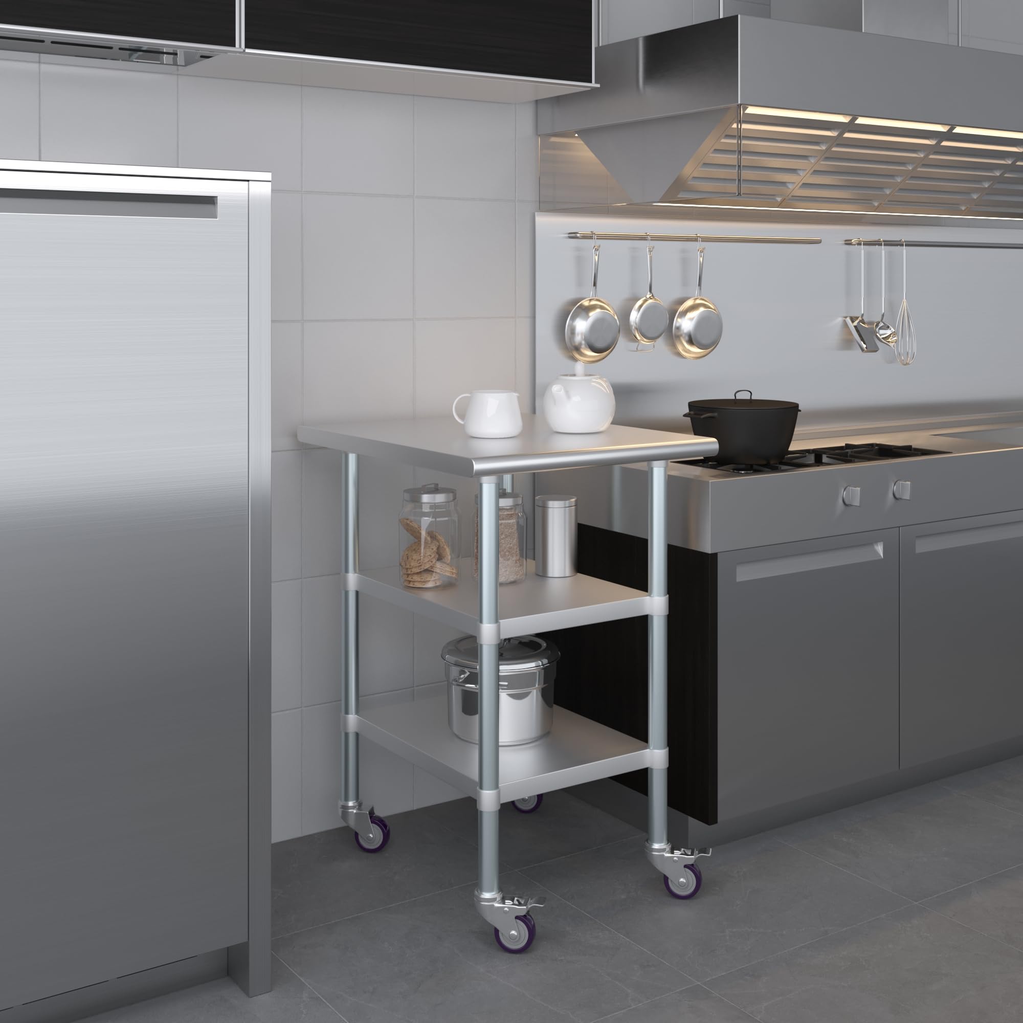AmGood Stainless Steel Work Table with 2 Shelves & Wheels | Heavy Duty Metal Utility Table for Kitchen, Garage, Workshop | 24