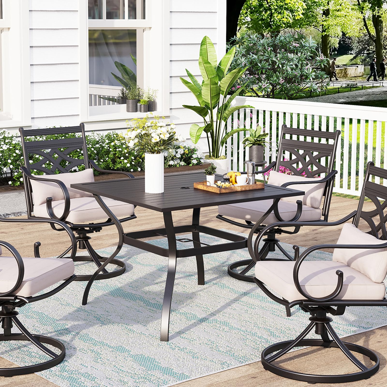 PHI VILLA 37 Inch Square Metal Patio Dining Table - Black Steel Outdoor Bistro Table with 1.57