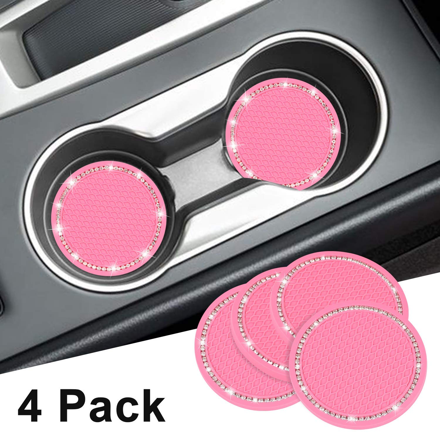 4 Pack Bling Car Coasters - Anti Slip PVC Cup Holder Inserts with Crystal Glitter Design, Universal Fit for Most Vehicles (Pink, 2.75