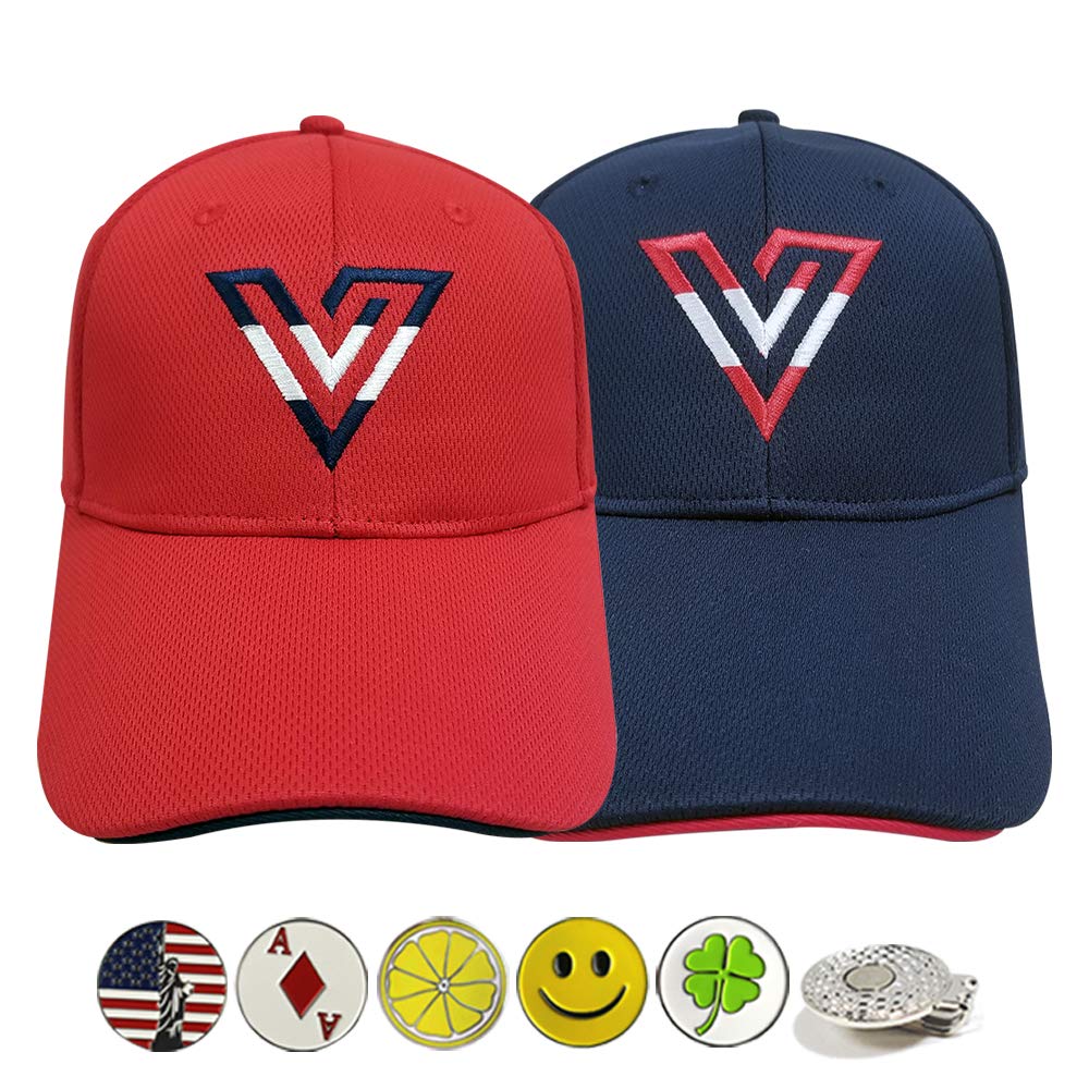 Volvik New 2020 V-Logo Adjustable Golf Hat Bundle with 5 Ball Markers & 1 Clip - 2 Hats (Blue & Red) for Men & Women - Perfect for Golf Tournaments & Outdoor Sports