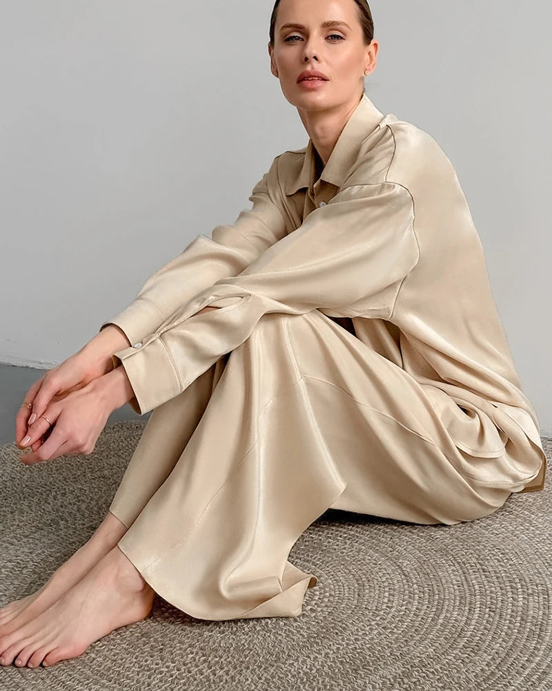 Luxury Oversized Full Length Silk Pajamas Set for Women - Soft & Comfortable Sleepwear - Perfect for Relaxing at Home, Lounging & Gift Giving