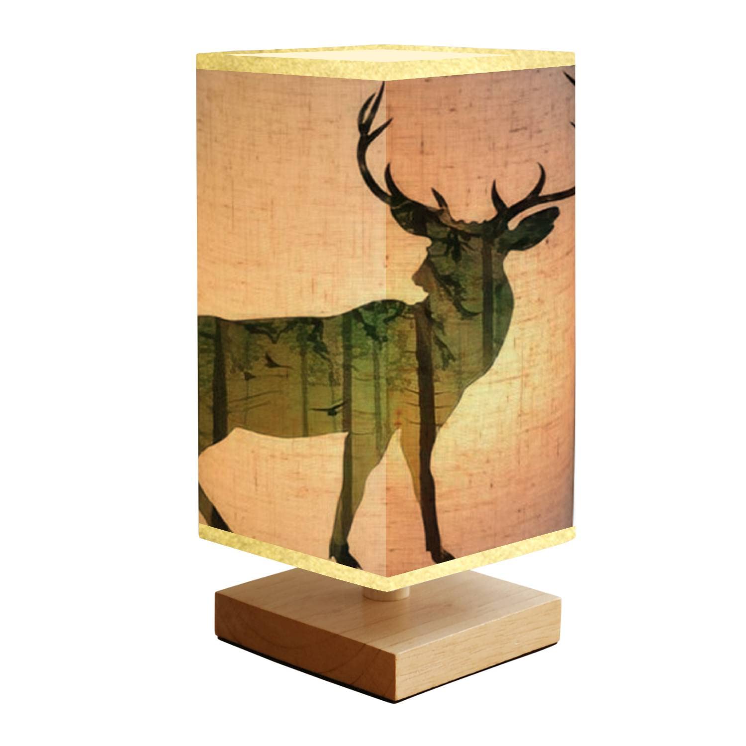 Deer Silhouette Pine Forest Table Lamp with Flying Birds - Dimmable Flaxen Fabric Shade & Wood Base Reading Light for Bedroom, Living Room, Nightstand | Perfect for Cozy Reading Nook, Study Desk & Bedside Lighting