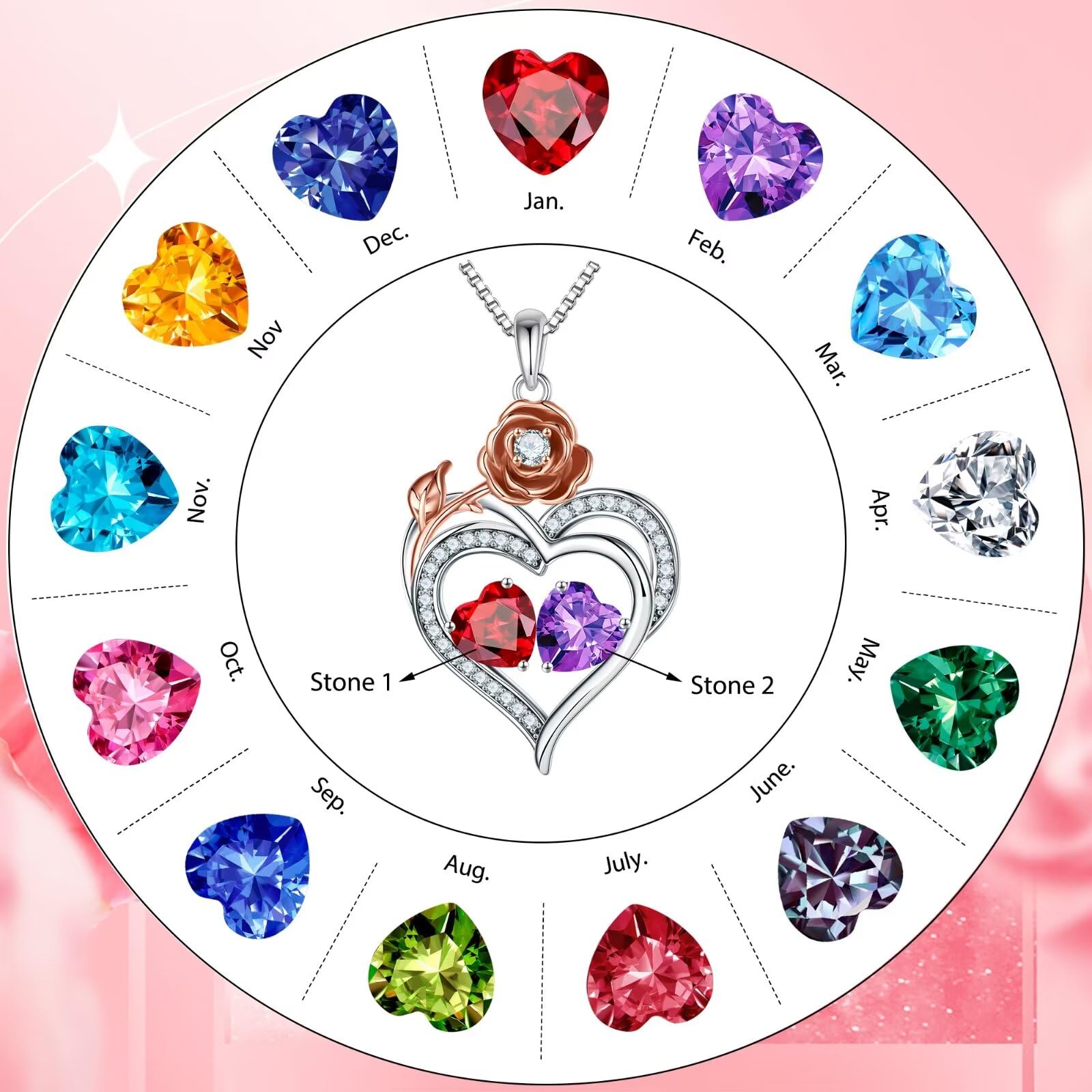 Rose Heart Birthstone Necklace for Women - Elegant Gemstone Jewelry Gift for Wife, Mom, Grandma | Valentine's Day, Mother's Day, Birthday Gift Idea | Perfect for Anniversaries, Weddings & Special Occasions
