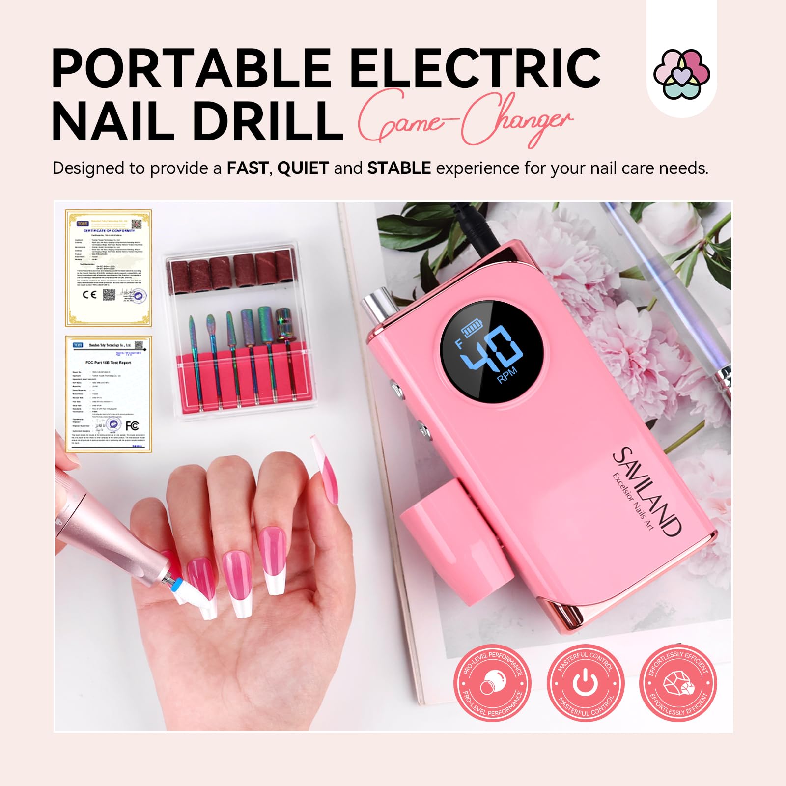 SAVILAND Professional Electric Nail Drill Kit - 40000 RPM High Speed Pink Nail File Machine with 13 Drill Bits for Acrylic, Gel, Dip & Artificial Nails | Perfect for Home Salon, Manicure & Pedicure Care